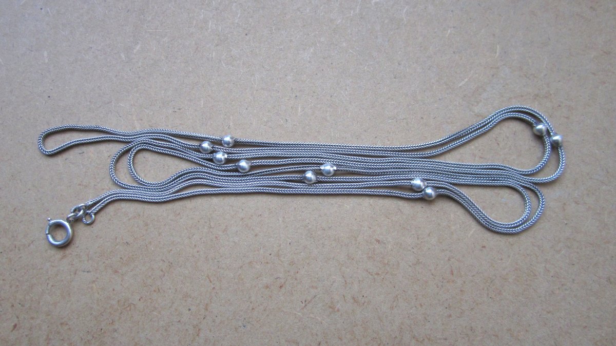 Old Beautiful Large Necklace With Solid Silver Pearls, Length 141.5 Cm.-photo-2