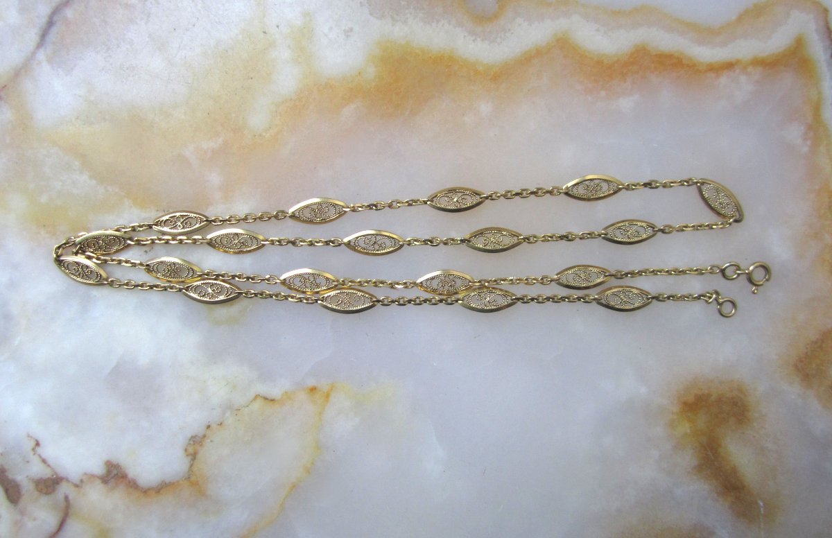 Antique Beautiful 18k Solid Gold Filigree Chain Necklace. Length: 64 Cm. Weight: 16 Grams.-photo-1