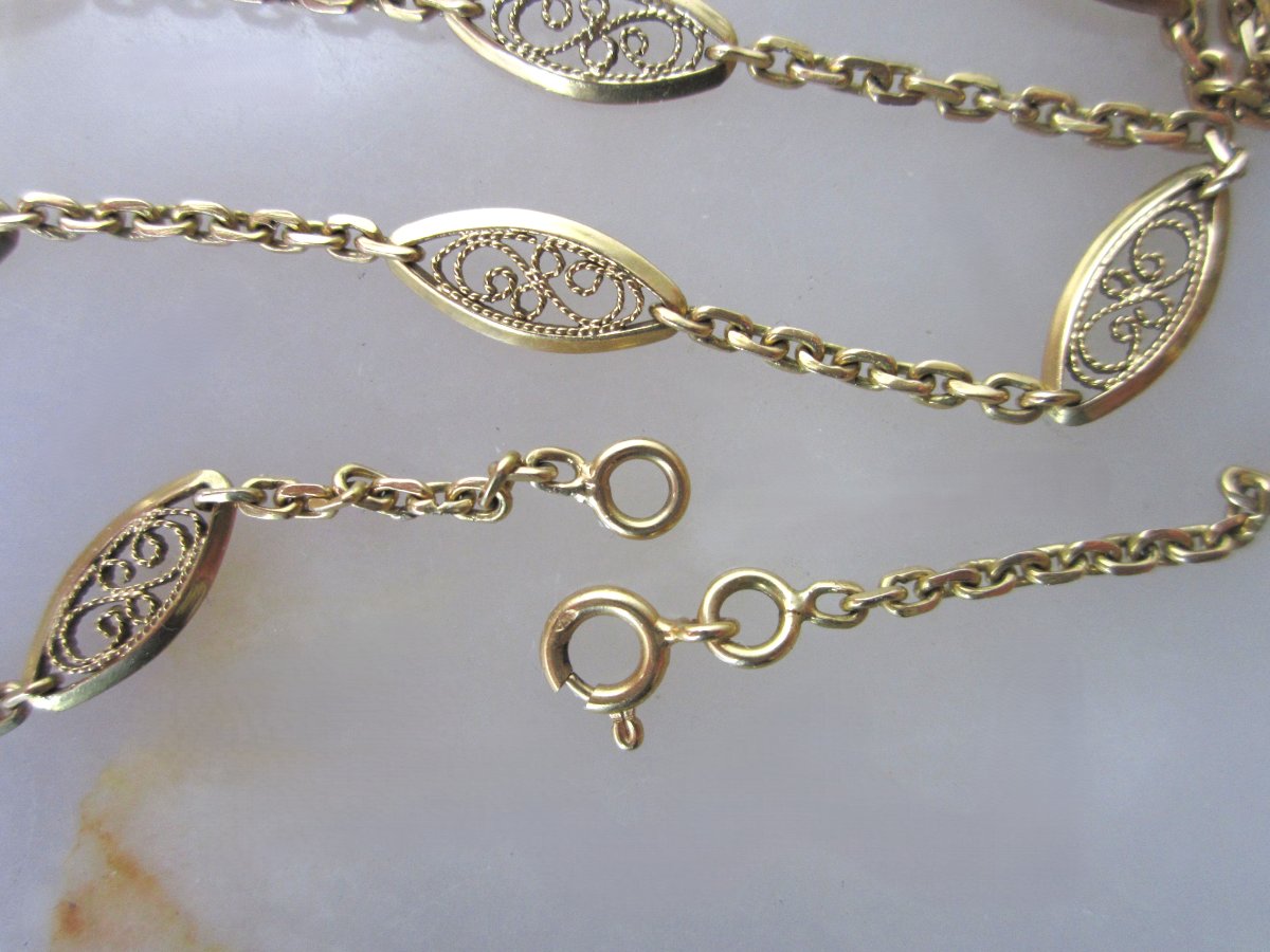 Antique Beautiful 18k Solid Gold Filigree Chain Necklace. Length: 64 Cm. Weight: 16 Grams.-photo-4