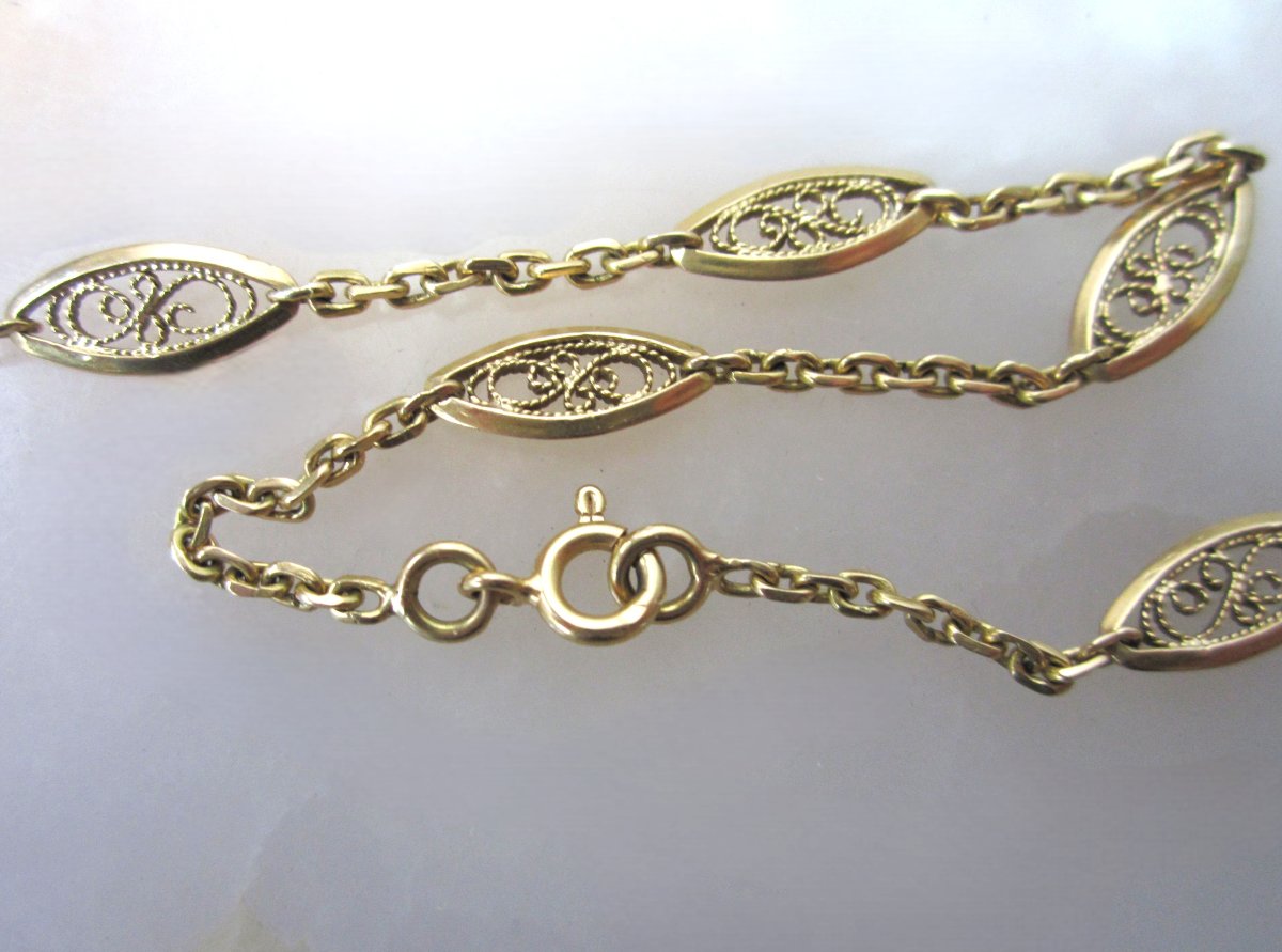 Antique Beautiful 18k Solid Gold Filigree Chain Necklace. Length: 64 Cm. Weight: 16 Grams.-photo-5