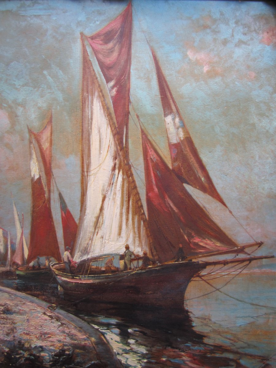 Jules Izier 1924 huile sur carton encadrée tableau marine voilier bateau de pêche Toulon ?-photo-3