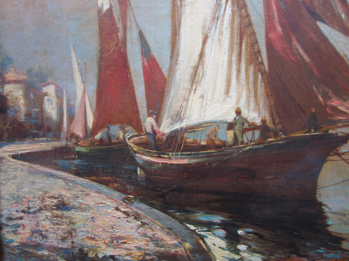 Jules Izier 1924 huile sur carton encadrée tableau marine voilier bateau de pêche Toulon ?-photo-4