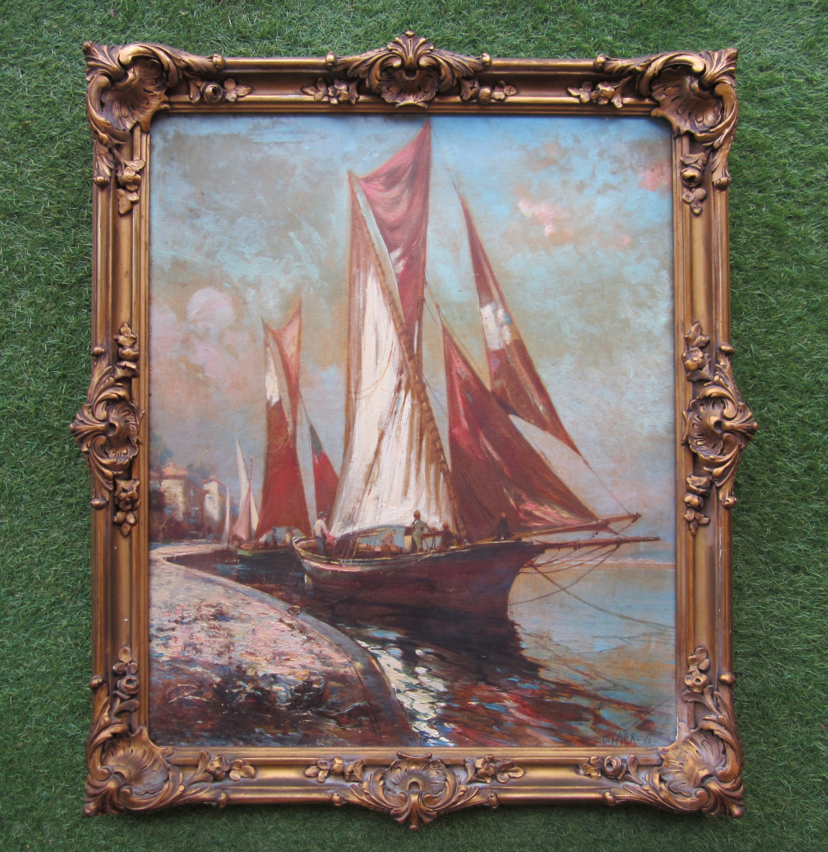 Jules Izier 1924 huile sur carton encadrée tableau marine voilier bateau de pêche Toulon ?