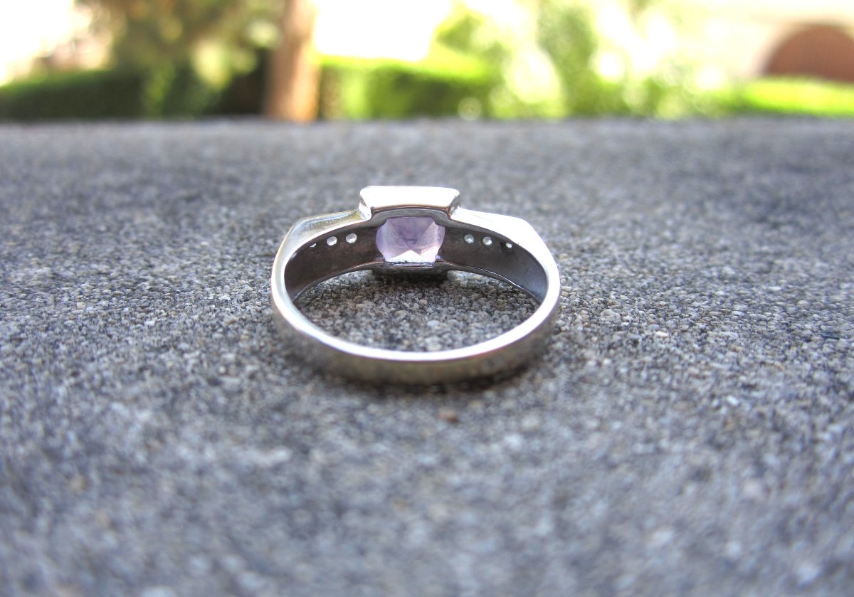 Belle bague en or massif 18k 18 carats améthyste et diamants taille 53 ; Poids : 3,90 grammes-photo-4