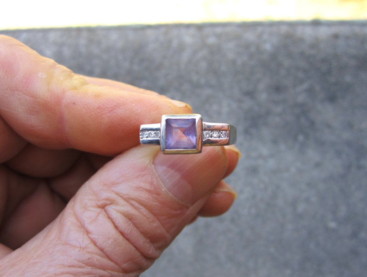 Belle bague en or massif 18k 18 carats améthyste et diamants taille 53 ; Poids : 3,90 grammes-photo-3
