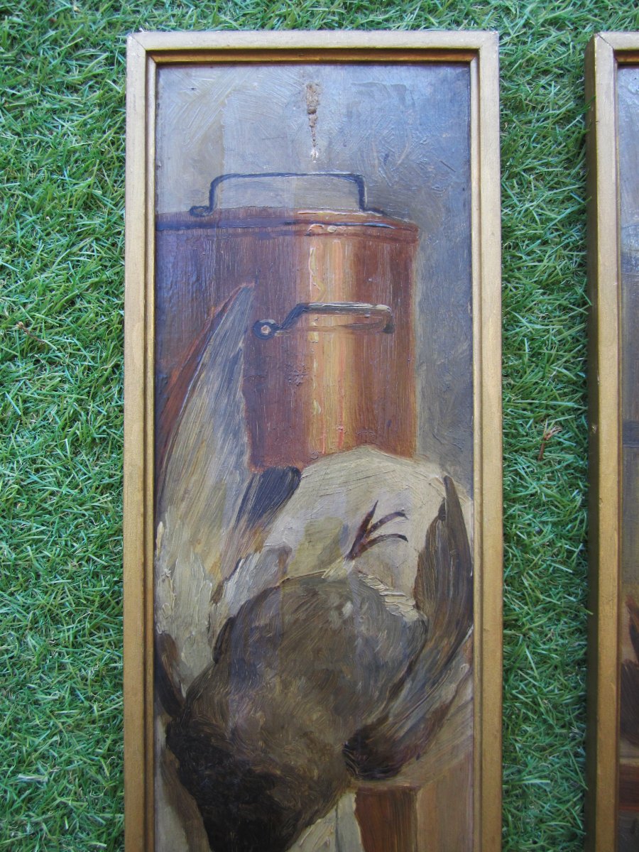 Pair Of Signed Still Life Paintings With Game, Duck, Quail Or Partridge? Hunting, Hunter-photo-3