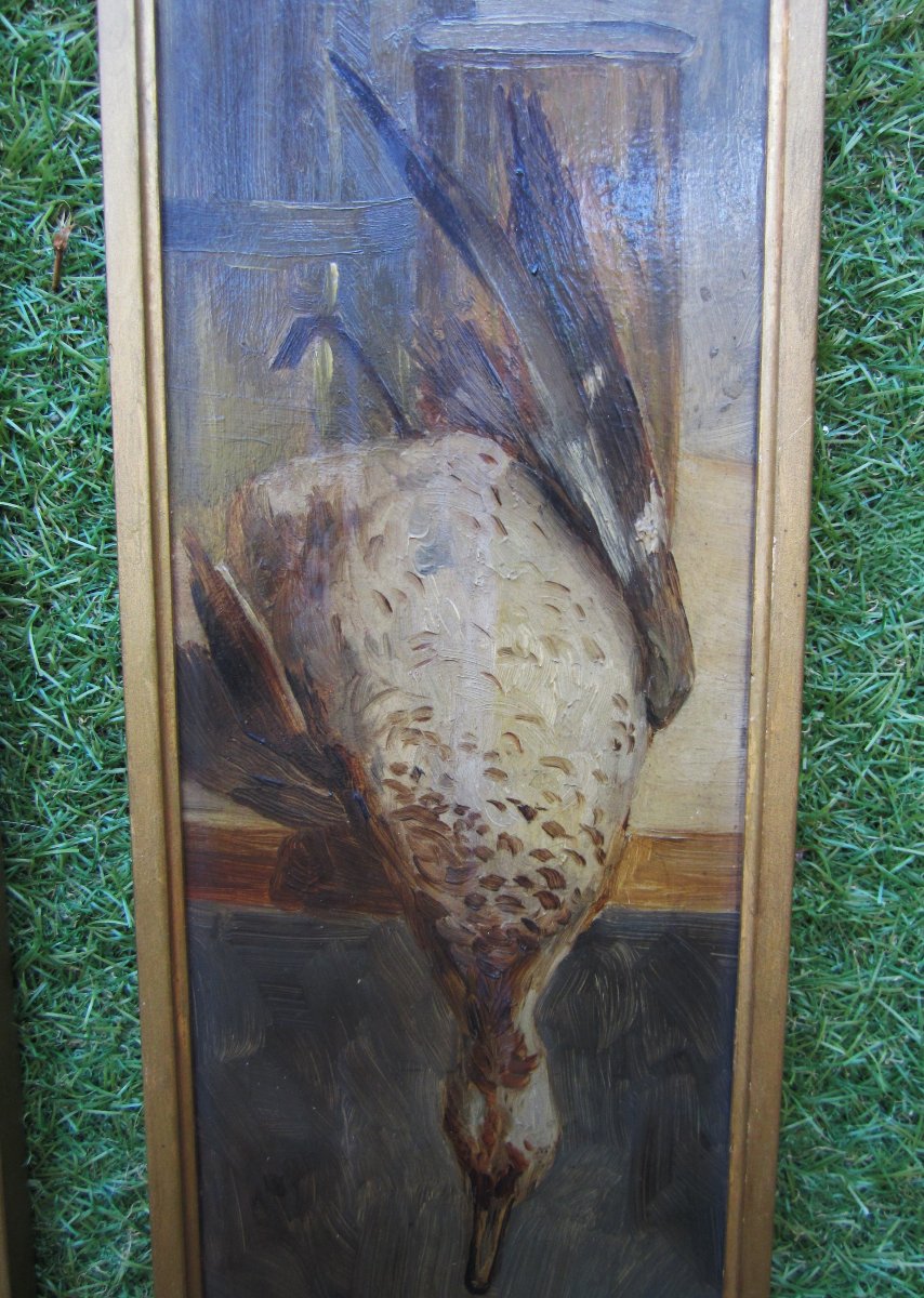 Pair Of Signed Still Life Paintings With Game, Duck, Quail Or Partridge? Hunting, Hunter-photo-1