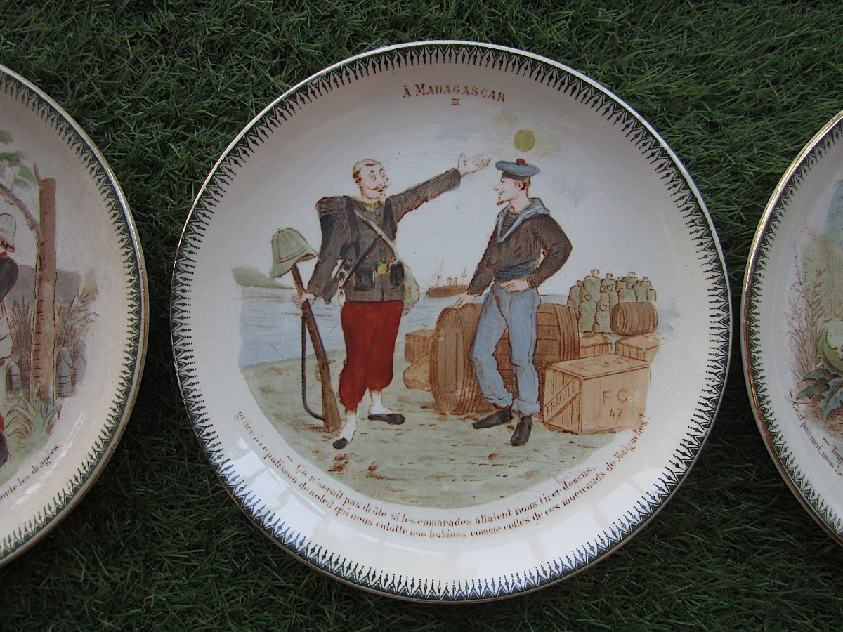 11 Talking Plates 19th Century Choisy Le Roi Military Series Conquest Of Madagascar Very Good Condition-photo-3
