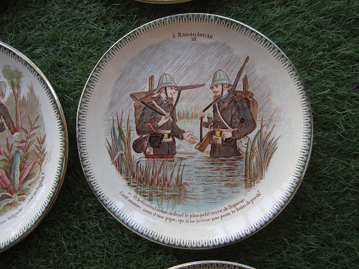 11 Talking Plates 19th Century Choisy Le Roi Military Series Conquest Of Madagascar Very Good Condition-photo-4
