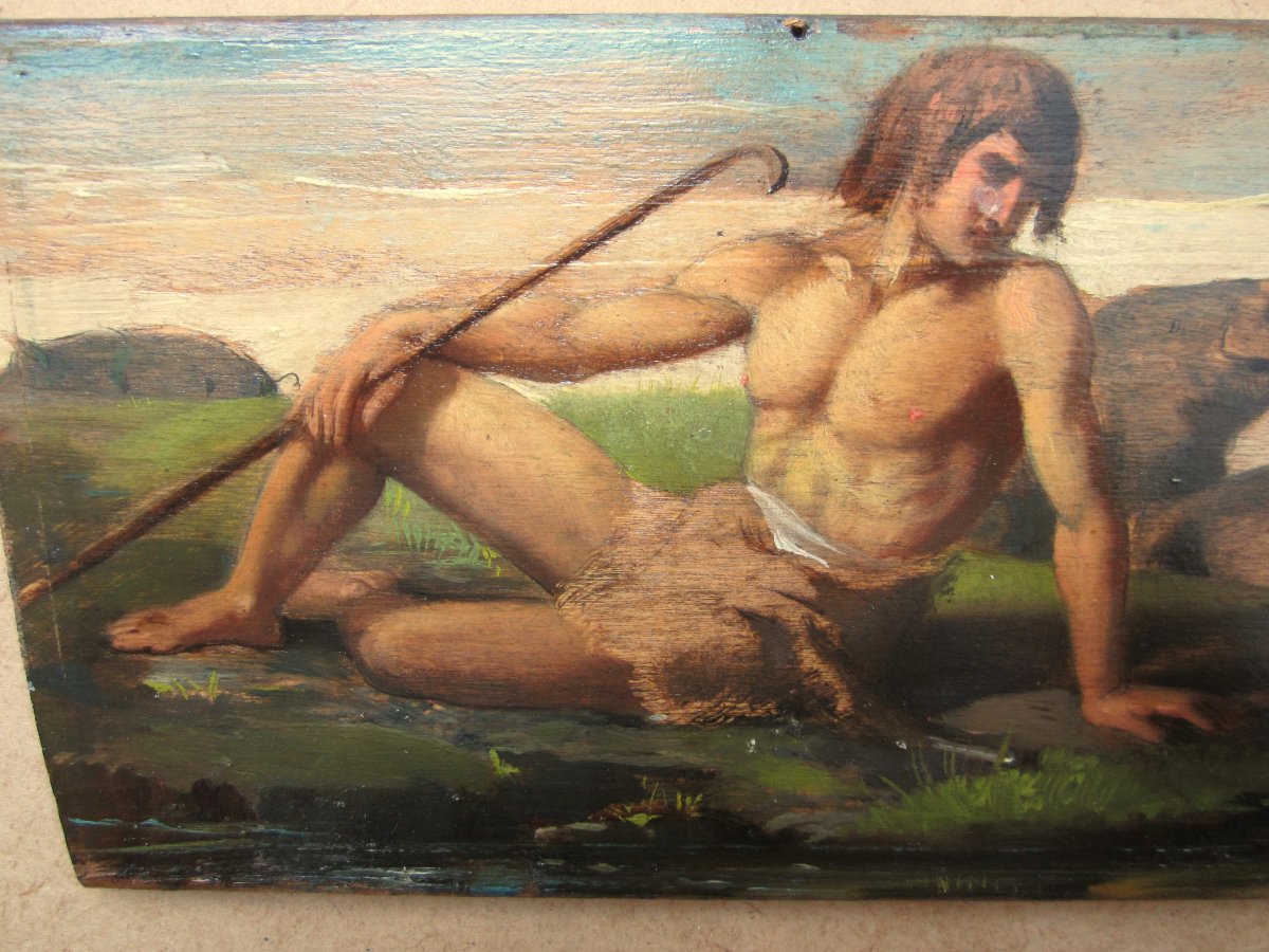 Pig Herder Oil On Wood 19th Century Corsica? Man With Bare Torso Painting Sold Without Frame-photo-2