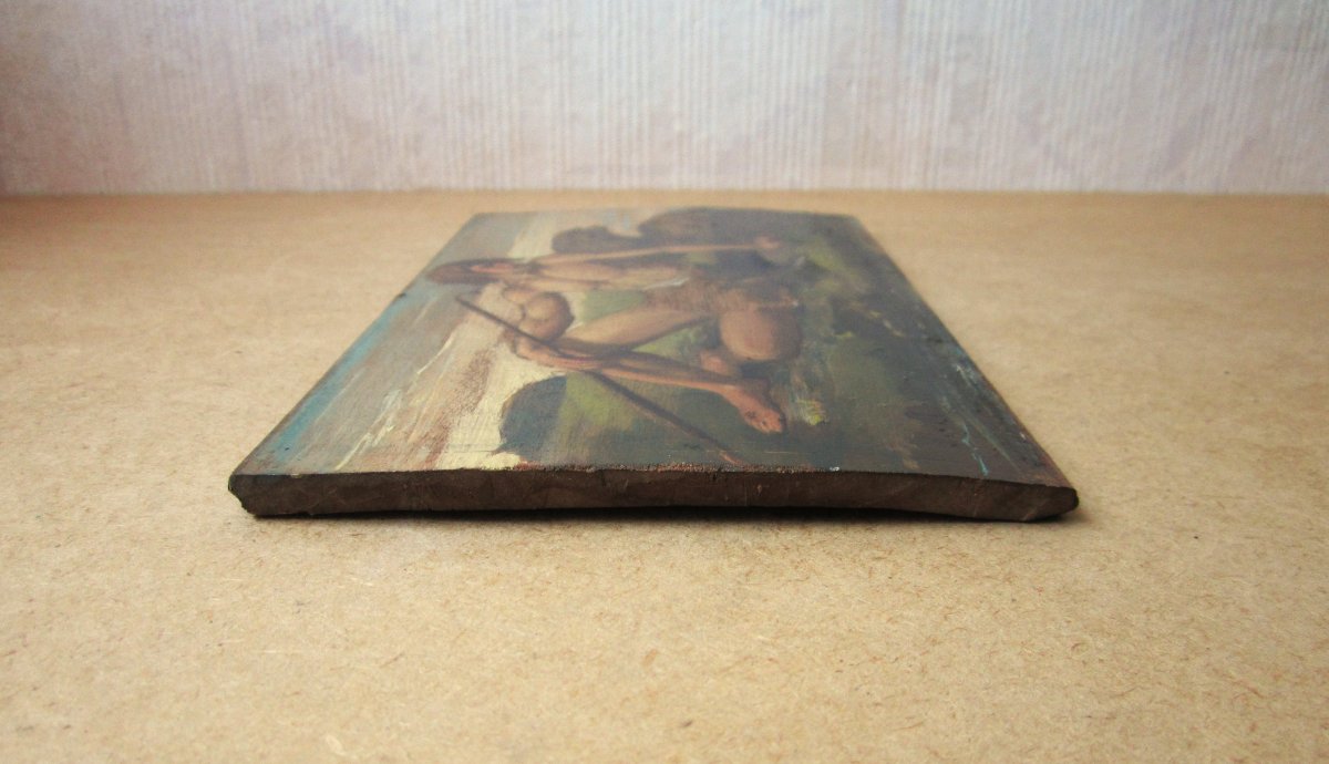 Pig Herder Oil On Wood 19th Century Corsica? Man With Bare Torso Painting Sold Without Frame-photo-3