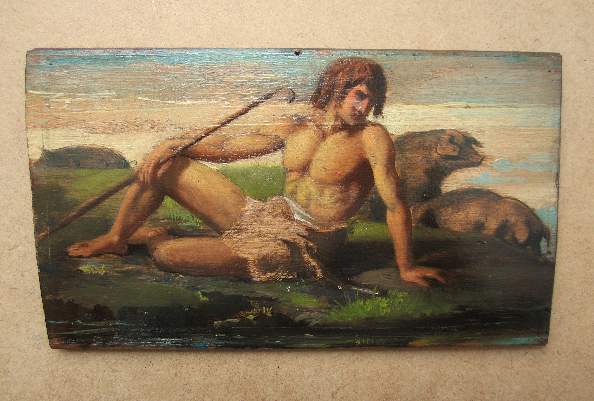 Pig Herder Oil On Wood 19th Century Corsica? Man With Bare Torso Painting Sold Without Frame