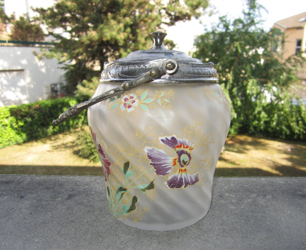 Antique Théodore Legras Biscuit Bucket Or Jar With Art Nouveau Enamelled Flower Decoration.-photo-3