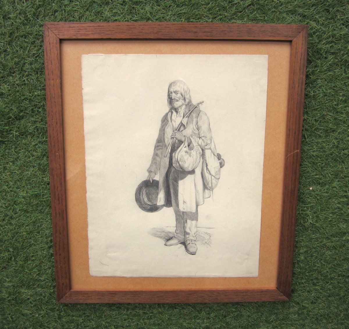 Pencil Drawing Framed Under Glass, Vagabond Beggar Tramp French School 19th Century Painting-photo-2
