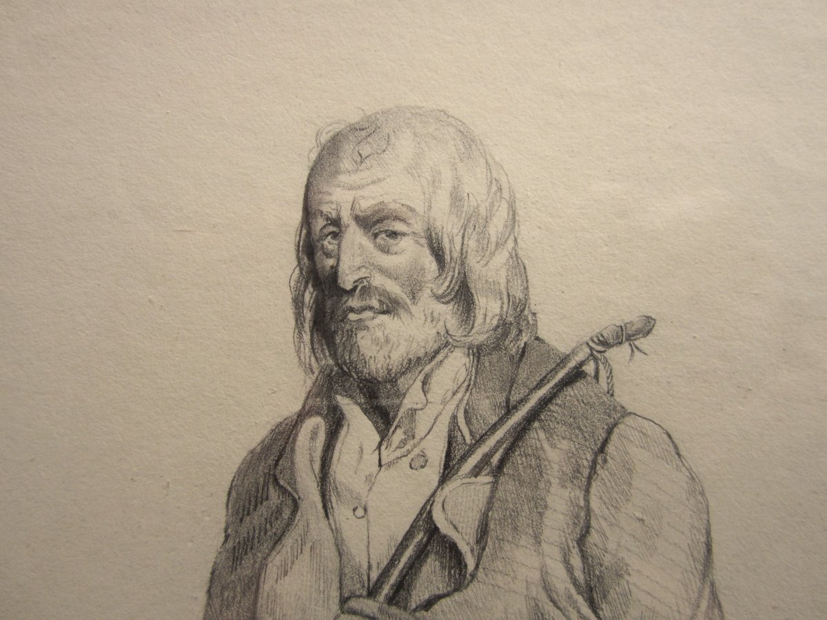 Pencil Drawing Framed Under Glass, Vagabond Beggar Tramp French School 19th Century Painting-photo-1