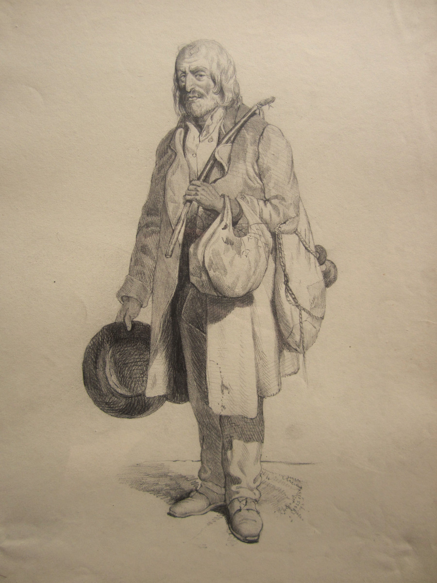 Pencil Drawing Framed Under Glass, Vagabond Beggar Tramp French School 19th Century Painting