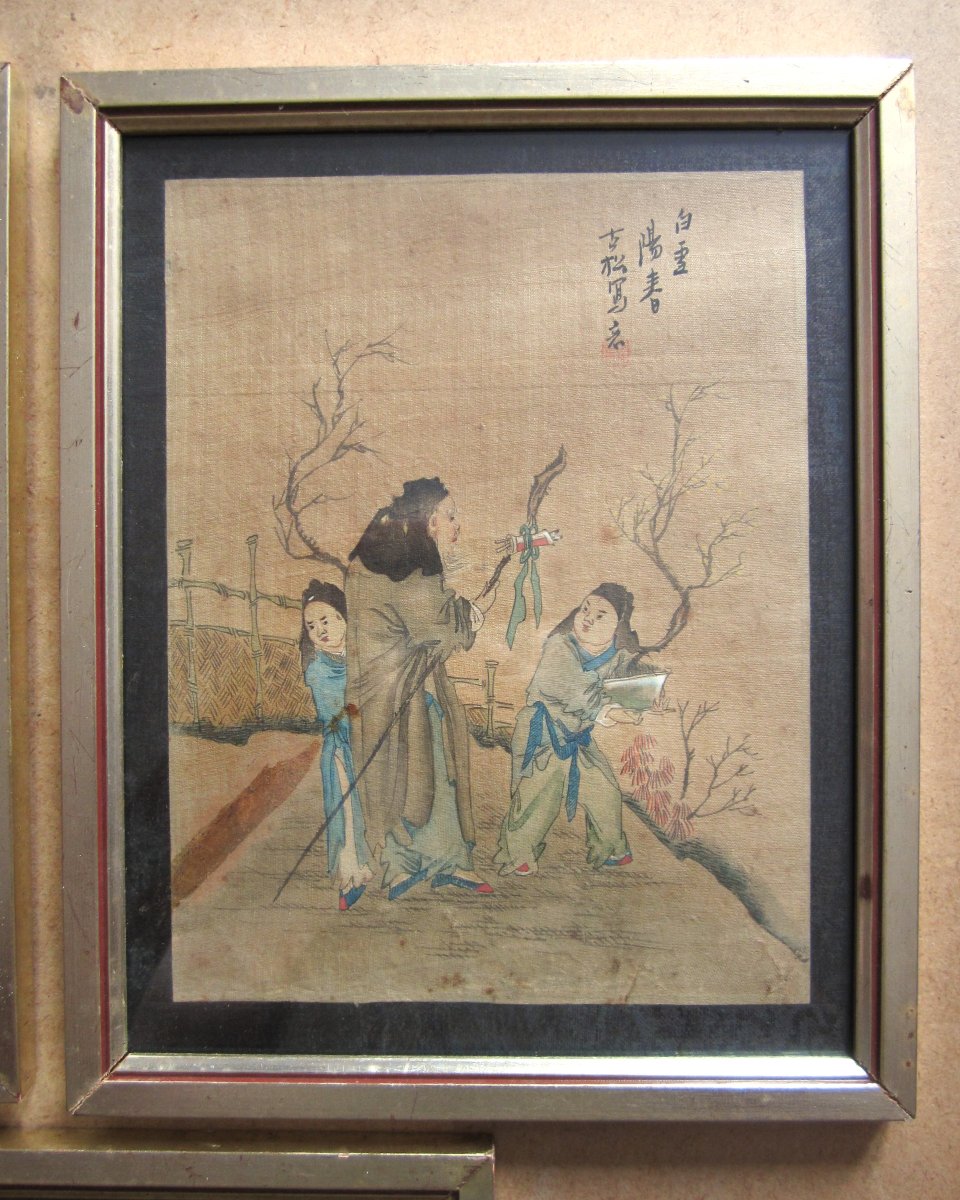 Trois belles peintures, aquarelles et encre sur soie, Chine vers 1920-1940, tableaux chinois.-photo-1