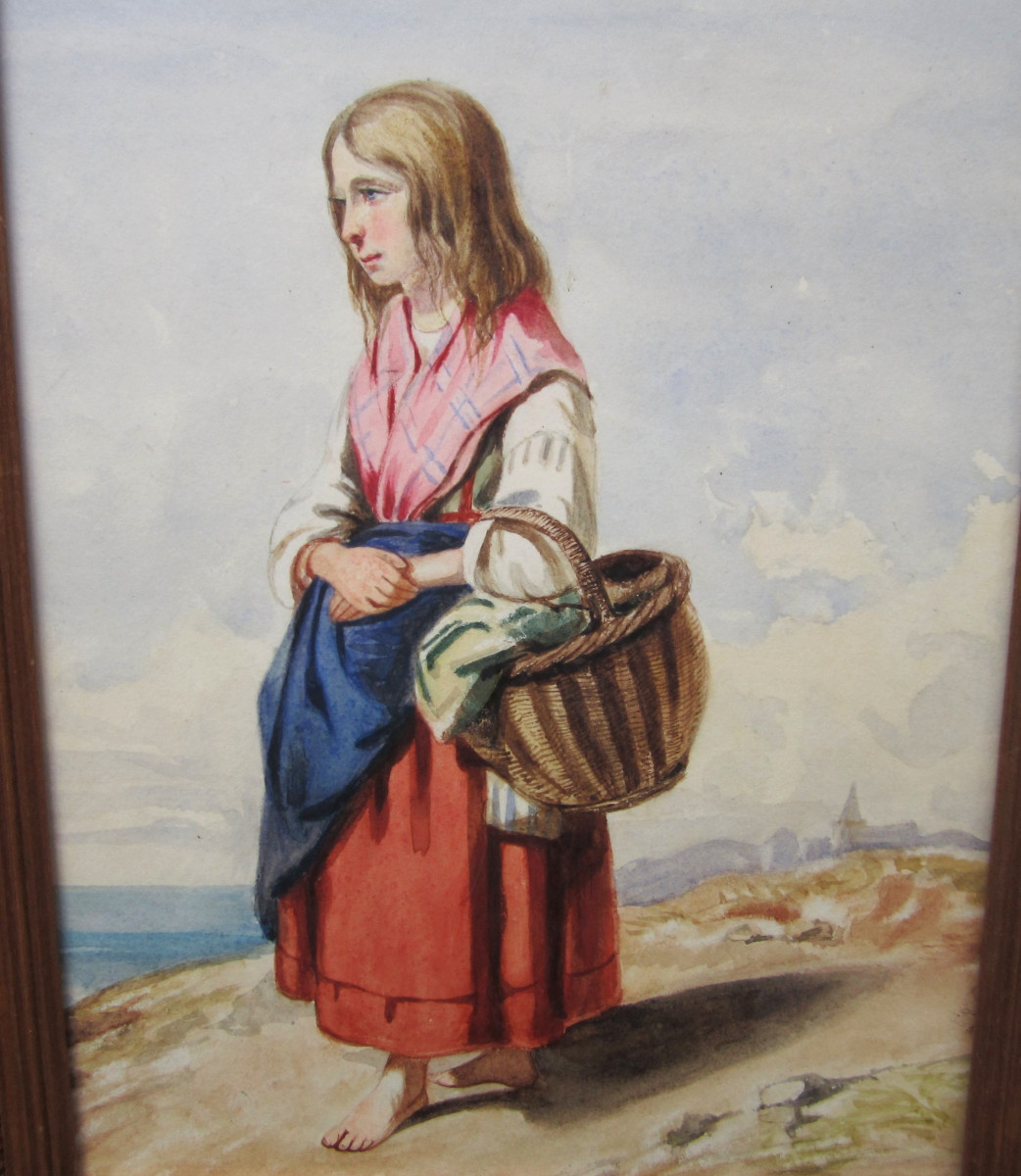 Aquarelle  XIXe non signée jeune fille femme au panier tableau italien provençal ou Corse.-photo-4