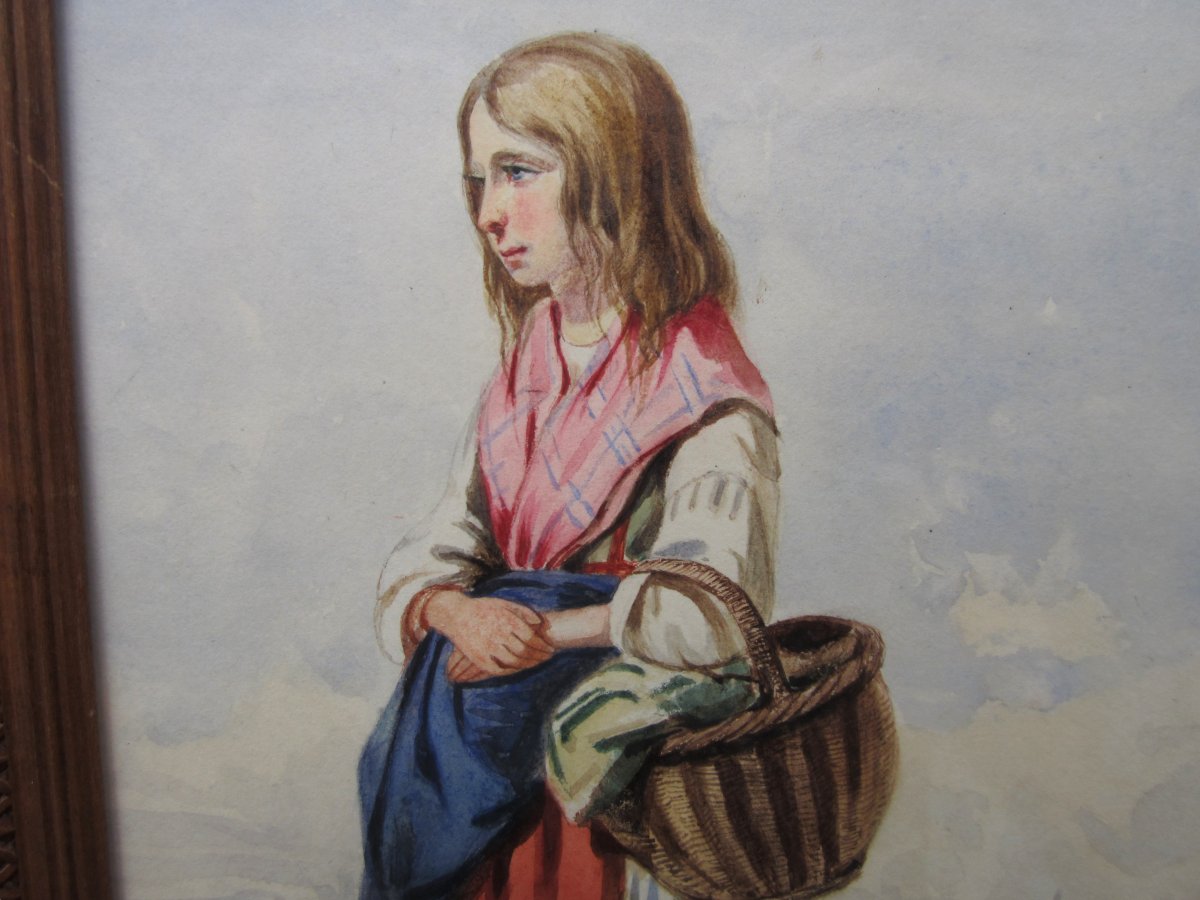 Aquarelle  XIXe non signée jeune fille femme au panier tableau italien provençal ou Corse.-photo-2