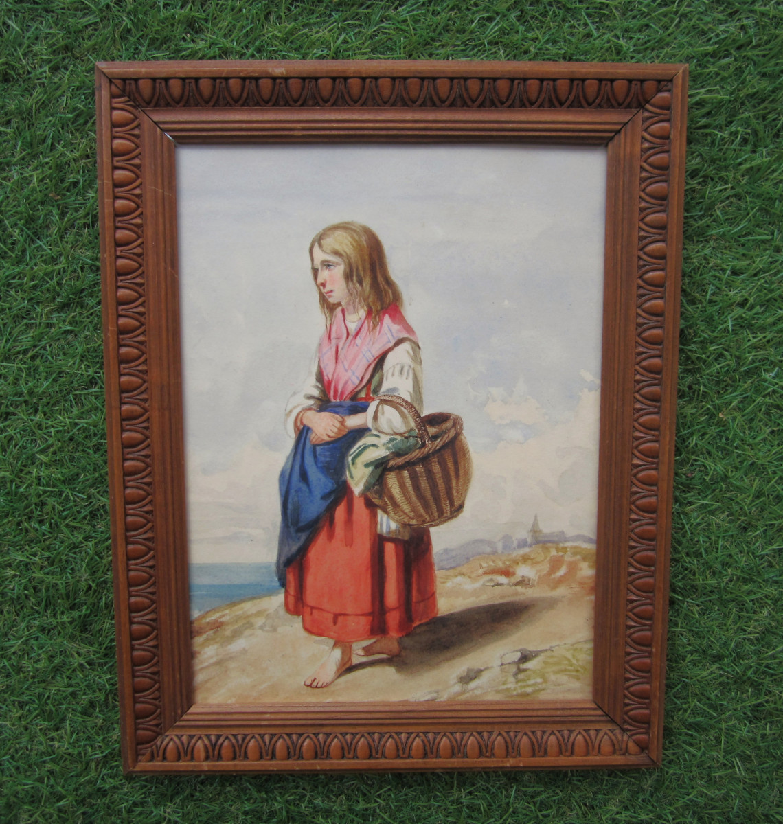 Aquarelle  XIXe non signée jeune fille femme au panier tableau italien provençal ou Corse.
