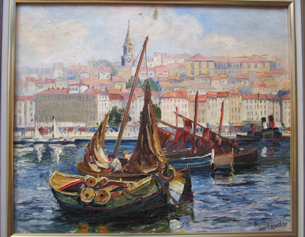 Pair Of Oil Paintings On Canvas Signed Stauder 1950 Marseille Le Vieux Port To Be Restored.-photo-5