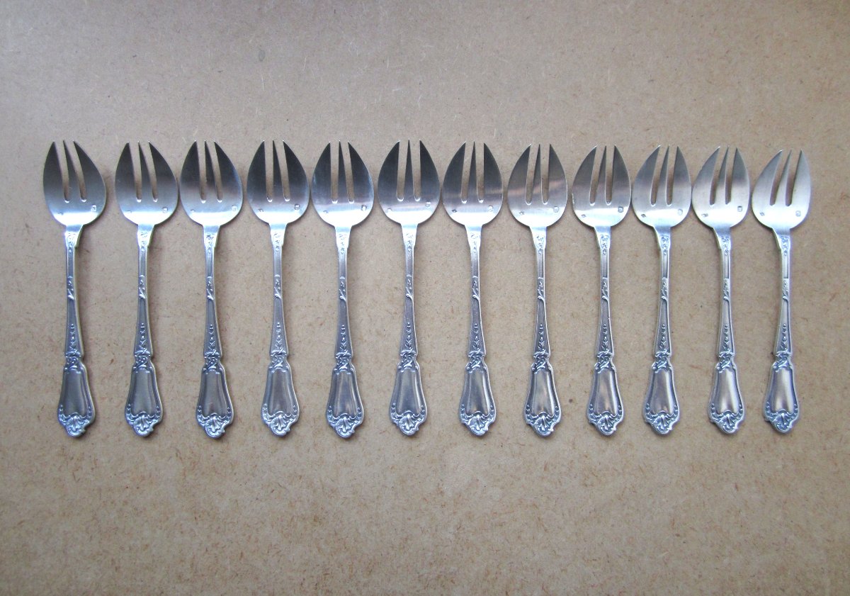 12 fourchettes à huitre en argent massif de style Louis XV orfèvre Paul Canaux monogramme HA-photo-2