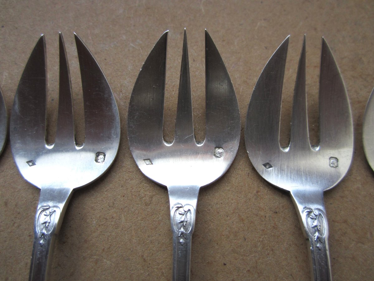 12 fourchettes à huitre en argent massif de style Louis XV orfèvre Paul Canaux monogramme HA-photo-3