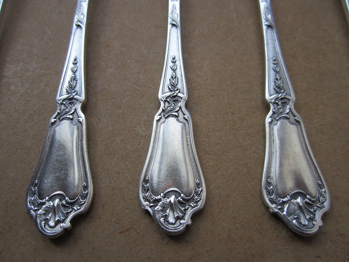 12 fourchettes à huitre en argent massif de style Louis XV orfèvre Paul Canaux monogramme HA-photo-4