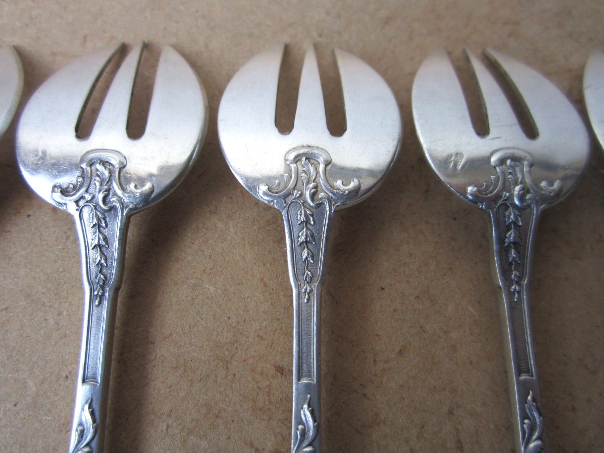 12 fourchettes à huitre en argent massif de style Louis XV orfèvre Paul Canaux monogramme HA-photo-1