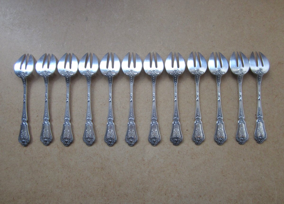12 fourchettes à huitre en argent massif de style Louis XV orfèvre Paul Canaux monogramme HA-photo-2