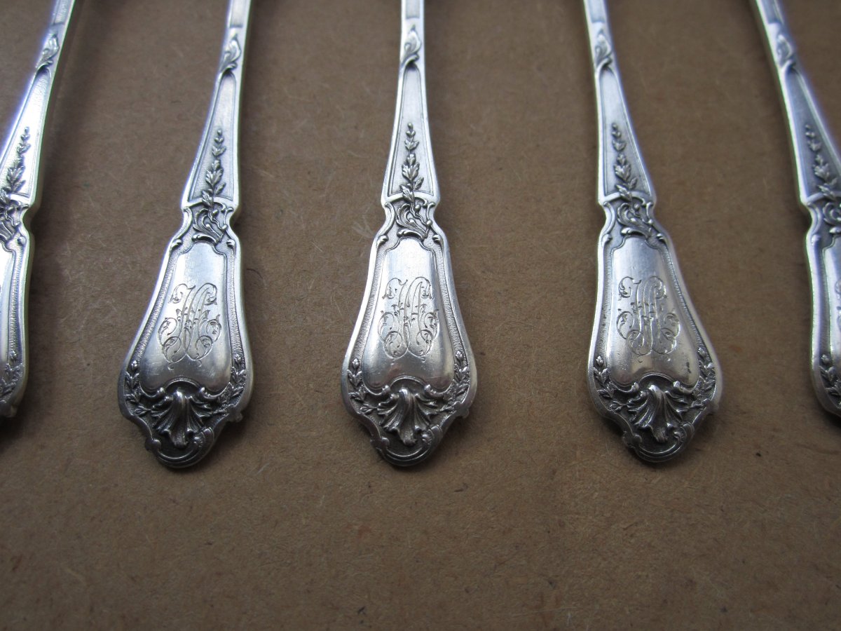 12 fourchettes à huitre en argent massif de style Louis XV orfèvre Paul Canaux monogramme HA-photo-3
