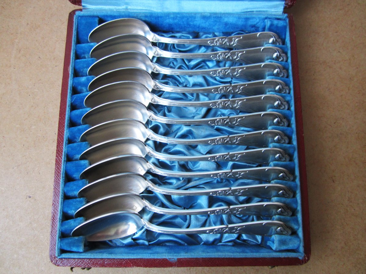 Boulenger, 12 Beautiful Small Silver-plated Teaspoons From The Art Nouveau Period, Tulip Model-photo-3