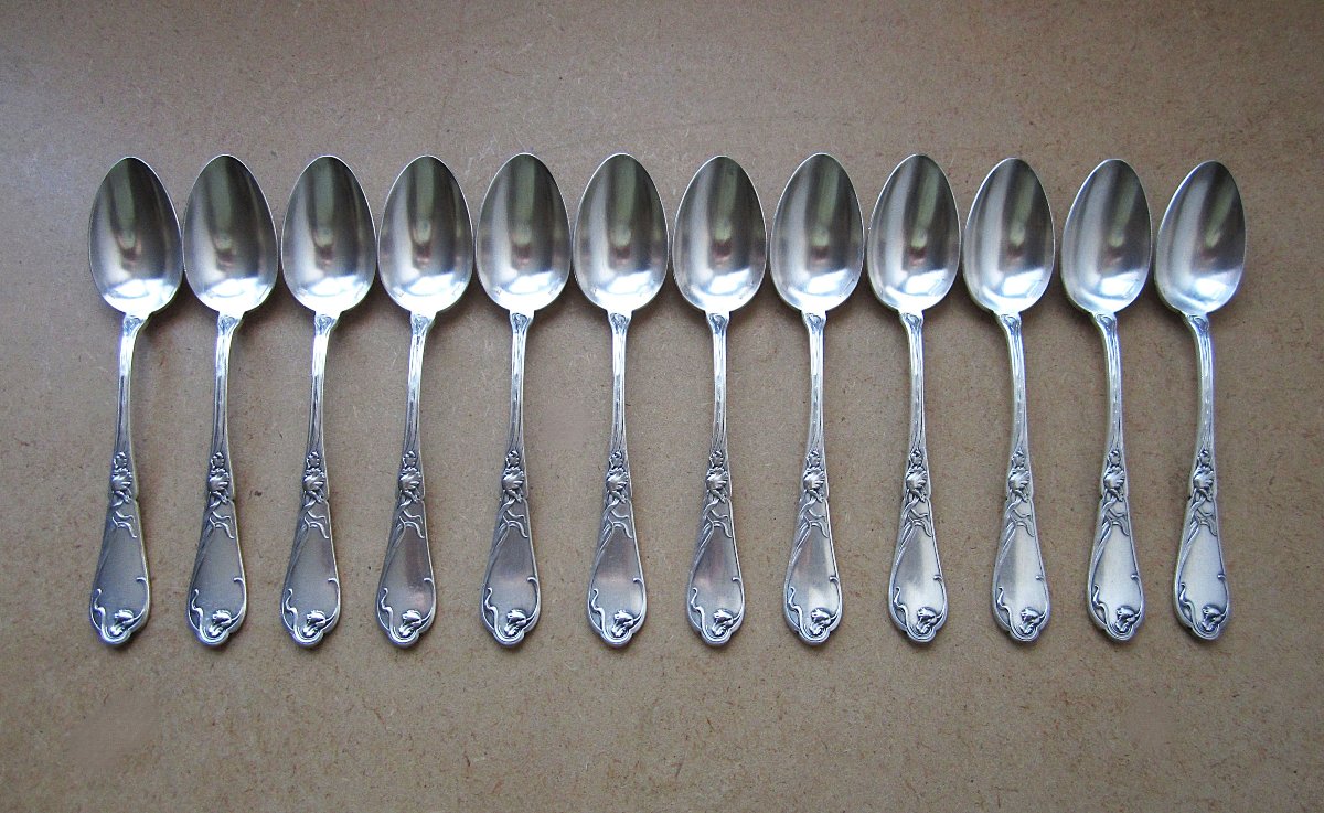 Boulenger, 12 Beautiful Small Silver-plated Teaspoons From The Art Nouveau Period, Tulip Model-photo-4