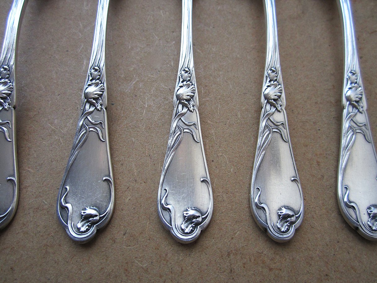 Boulenger, 12 Beautiful Small Silver-plated Teaspoons From The Art Nouveau Period, Tulip Model-photo-1