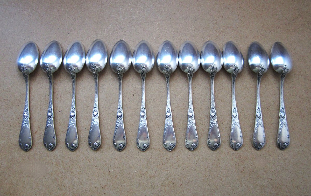 Boulenger, 12 Beautiful Small Silver-plated Teaspoons From The Art Nouveau Period, Tulip Model-photo-3