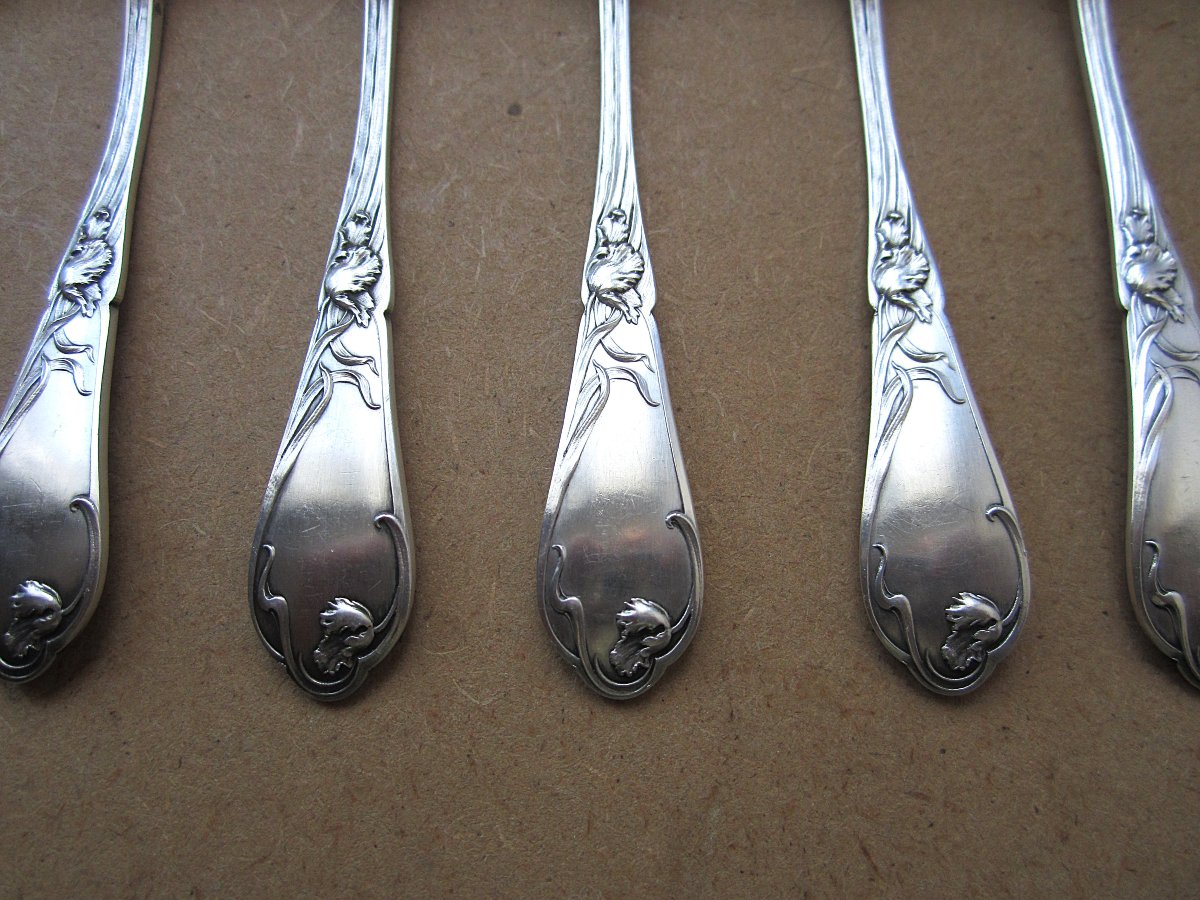 Boulenger, 12 Beautiful Small Silver-plated Teaspoons From The Art Nouveau Period, Tulip Model-photo-4