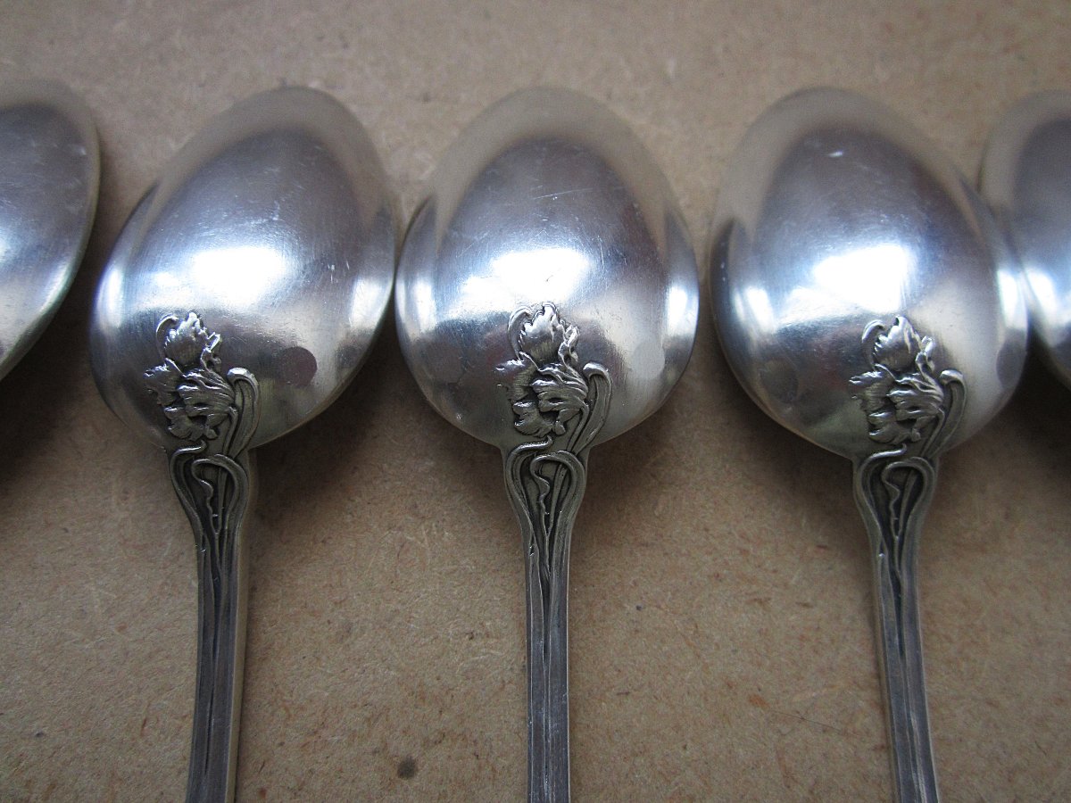 Boulenger, 12 Beautiful Small Silver-plated Teaspoons From The Art Nouveau Period, Tulip Model-photo-5