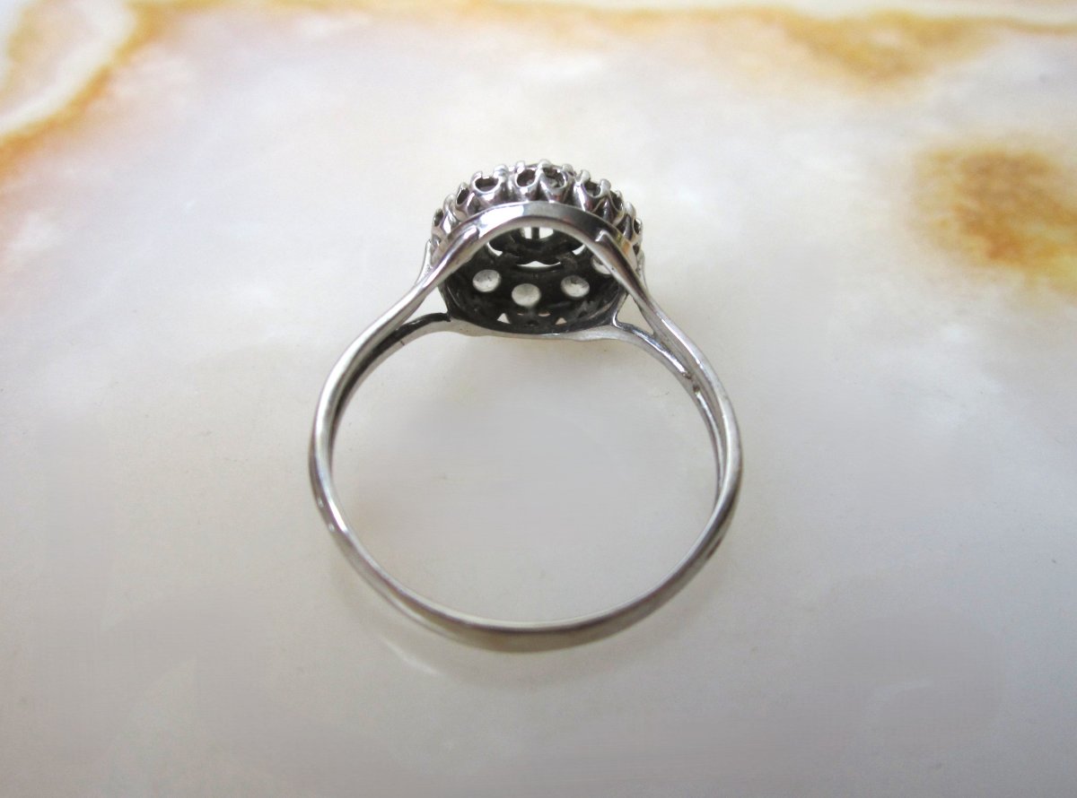 Ancienne belle bague marguerite en or blanc 18k 18 carats et zirconiums 4,30 grammes, taille 65-photo-4