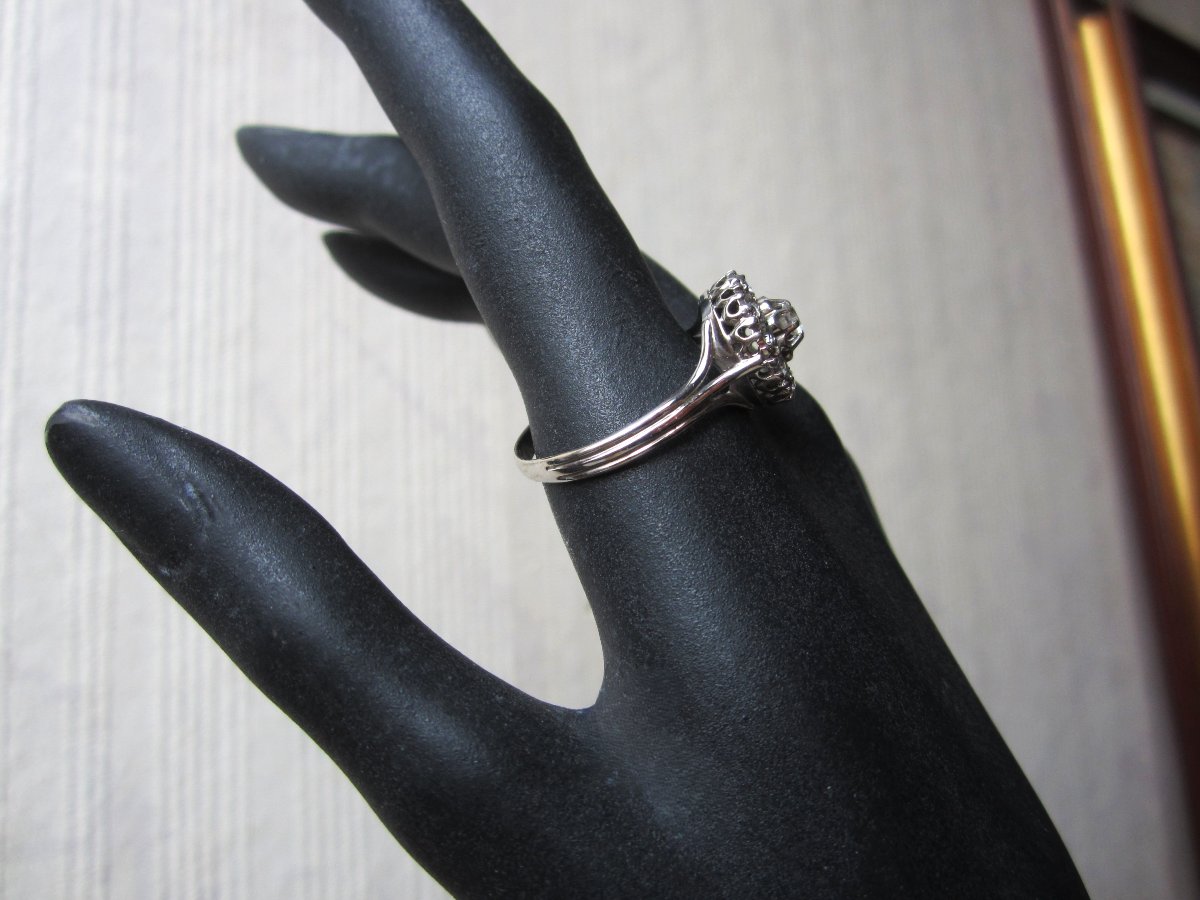 Ancienne belle bague marguerite en or blanc 18k 18 carats et zirconiums 4,30 grammes, taille 65-photo-4