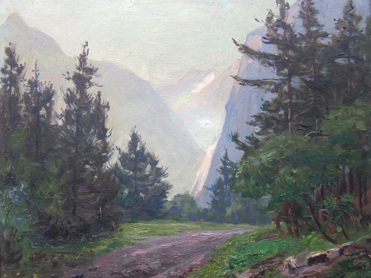 Hippolyte Mouthier Grenoble, Le Bourg d'Oisans Vallée du Vénéon tableau de montagne signé 1945.-photo-3