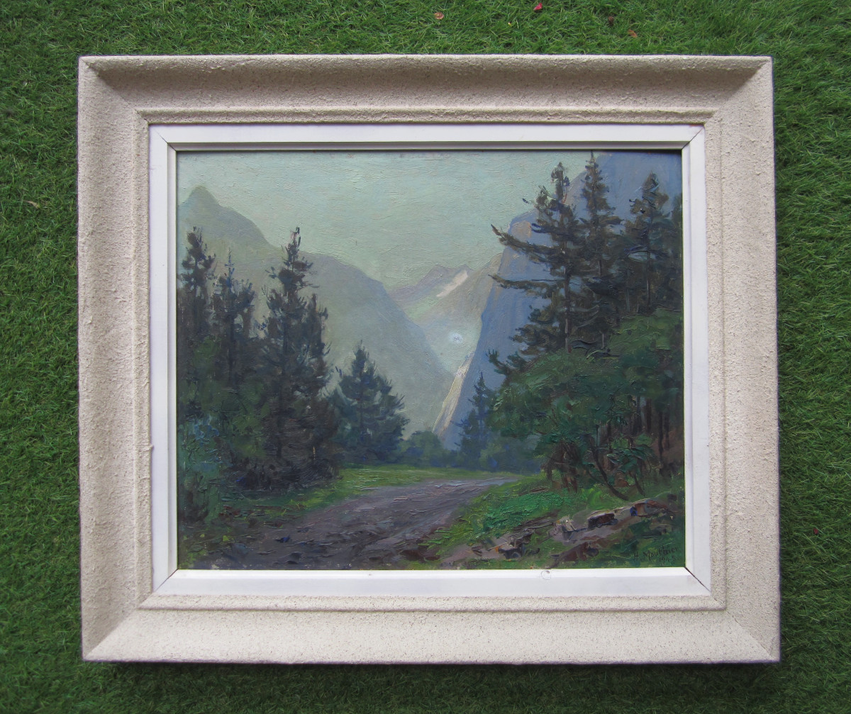 Hippolyte Mouthier Grenoble, Le Bourg d'Oisans Vallée du Vénéon tableau de montagne signé 1945.