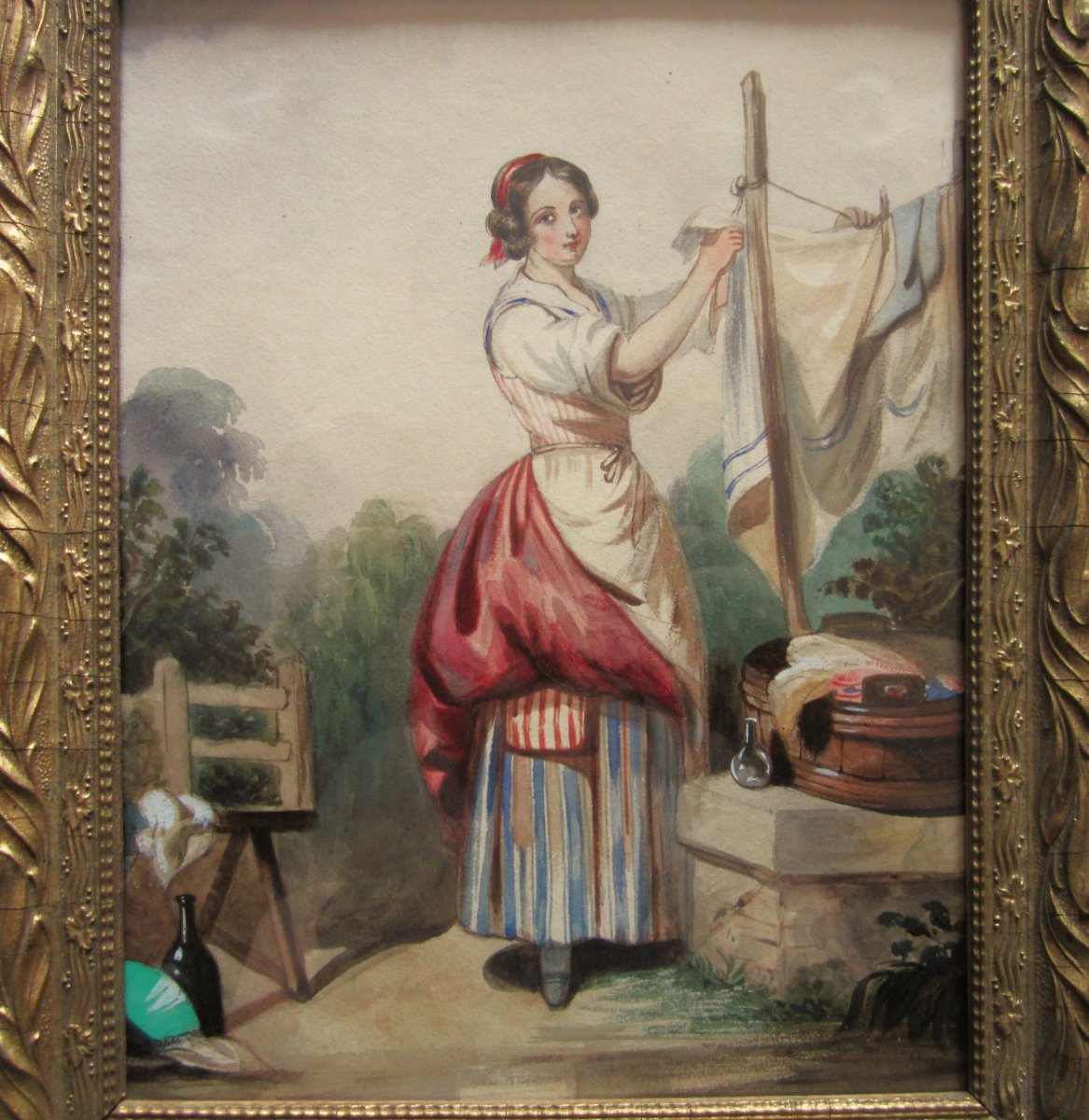 Très belle aquarelle XIXe encadrée sous vitre, tableau lavandière italienne provençale ou corse-photo-3