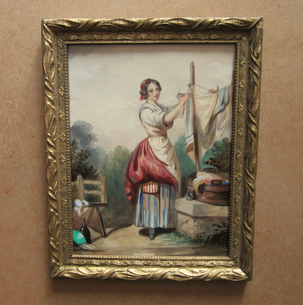 Très belle aquarelle XIXe encadrée sous vitre, tableau lavandière italienne provençale ou corse