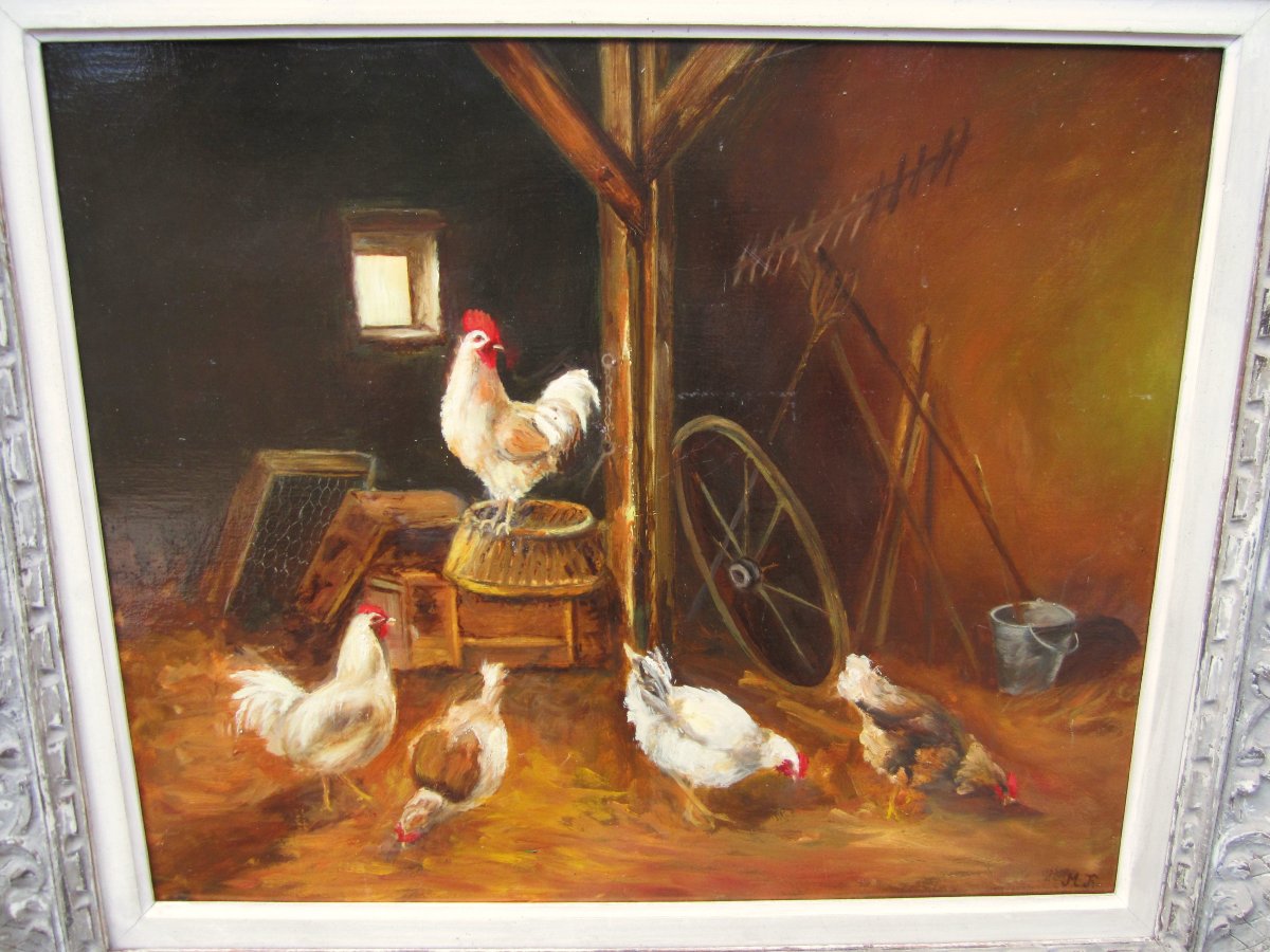 Grand et beau tableau de coq et poules dans un poulailler huile sur toile cadre Montparnasse-photo-2