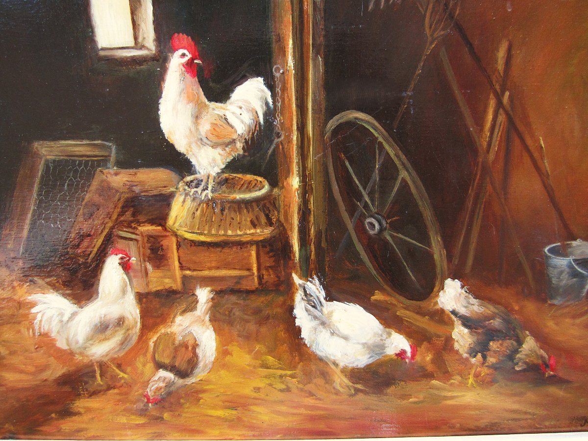 Grand et beau tableau de coq et poules dans un poulailler huile sur toile cadre Montparnasse-photo-3