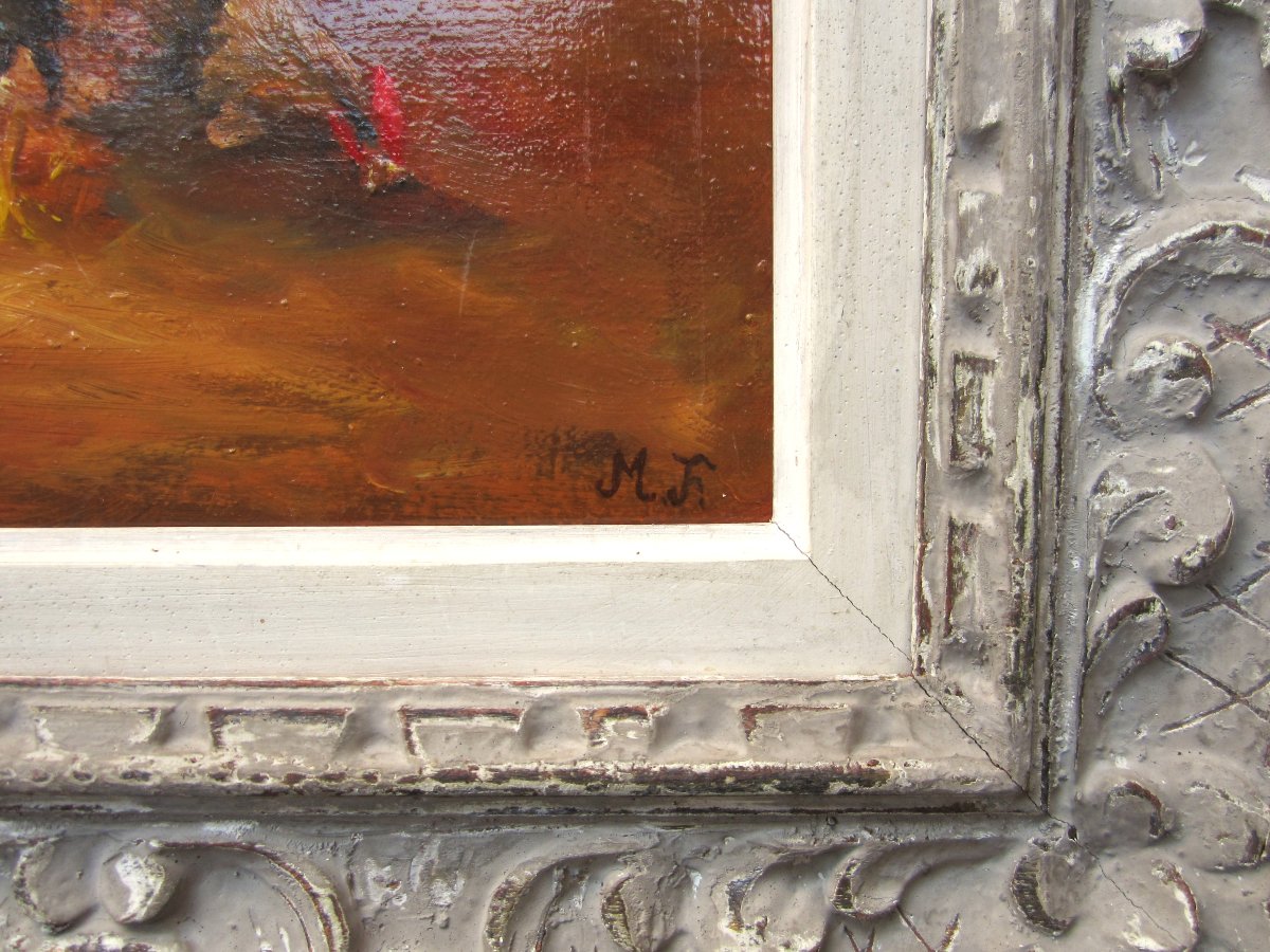 Grand et beau tableau de coq et poules dans un poulailler huile sur toile cadre Montparnasse-photo-4