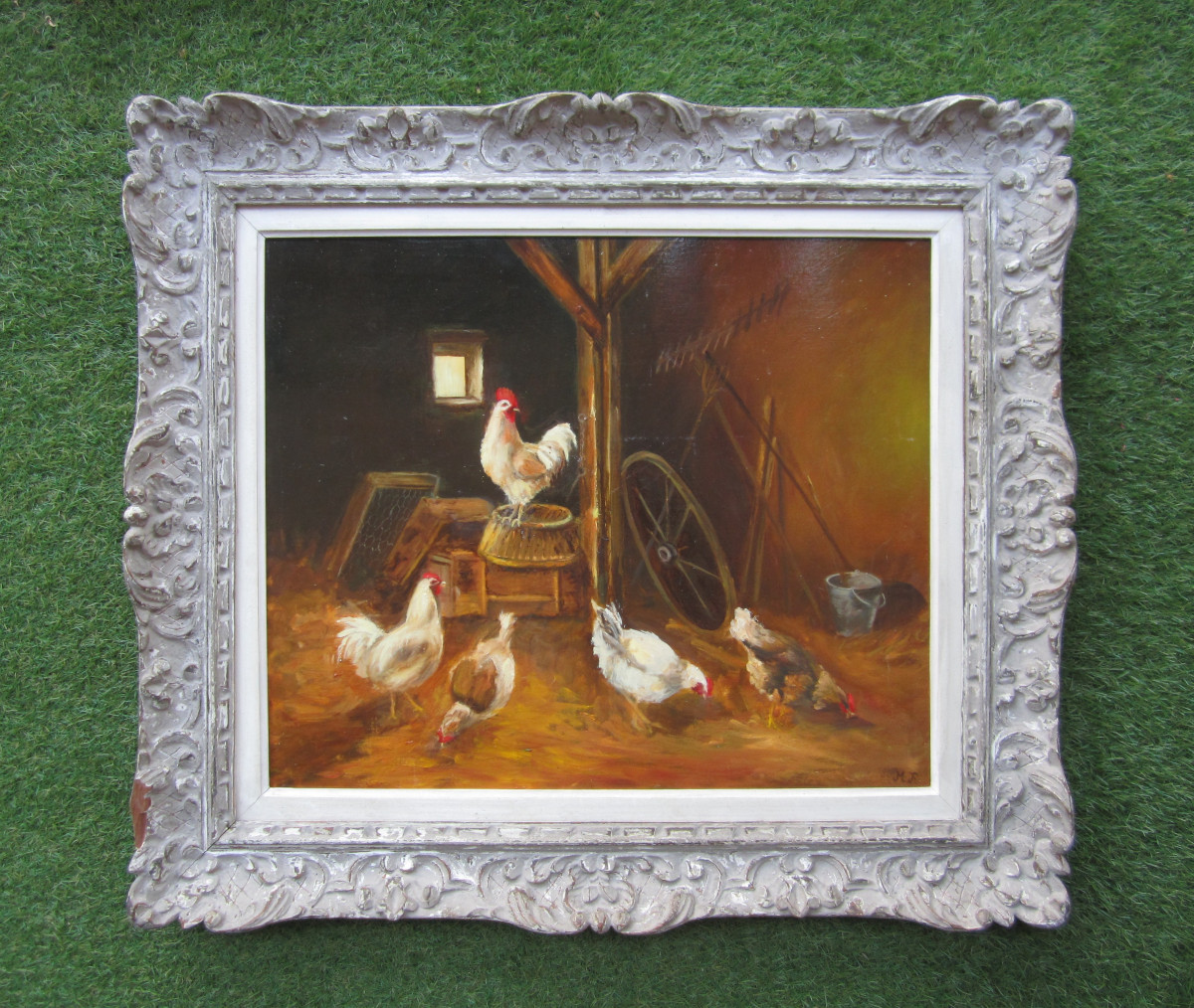 Grand et beau tableau de coq et poules dans un poulailler huile sur toile cadre Montparnasse