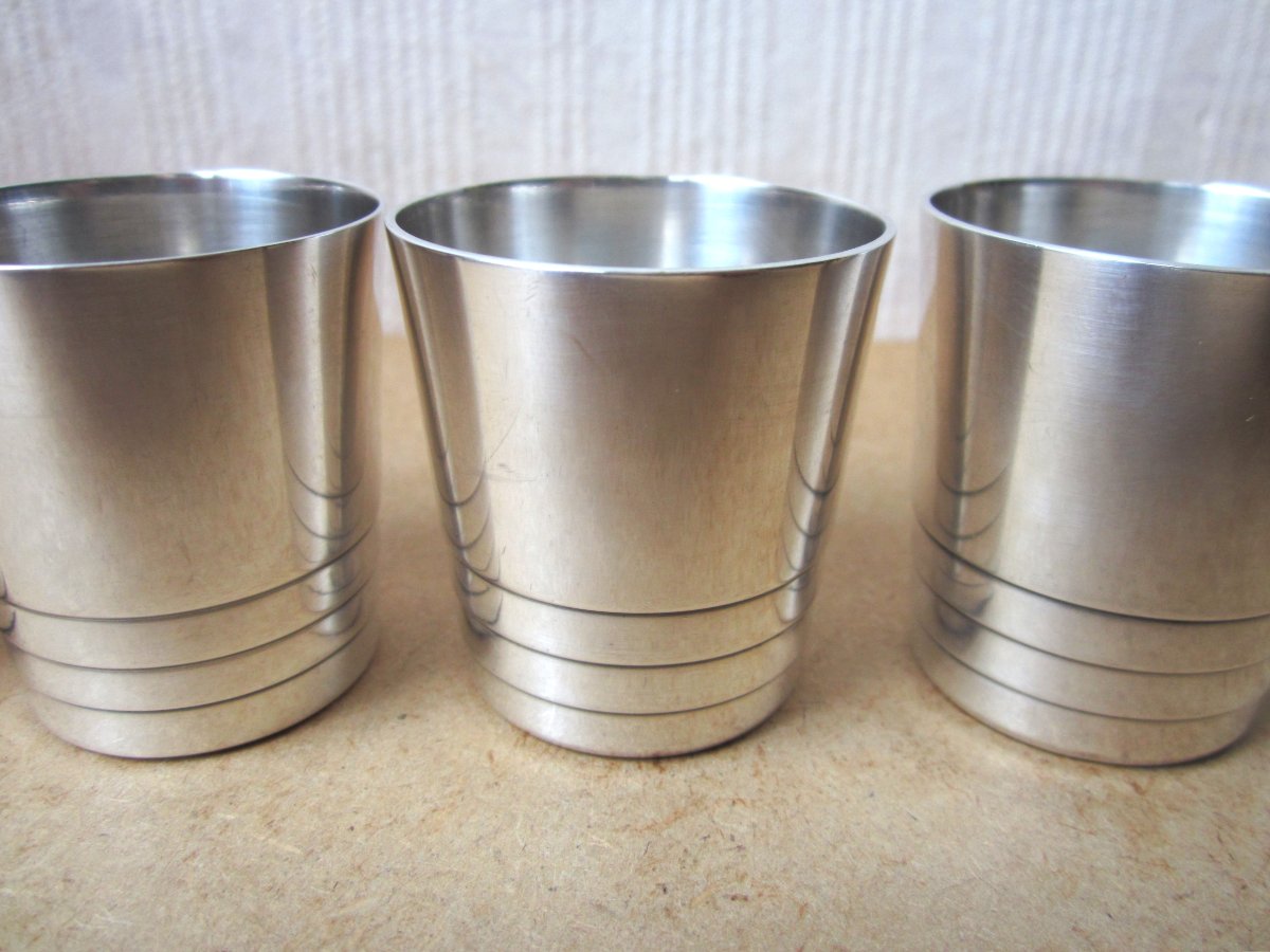 Six Large Christofle Art Deco Goblets Or Small Cups 1930 Modernist Luc Lanel Style.-photo-2