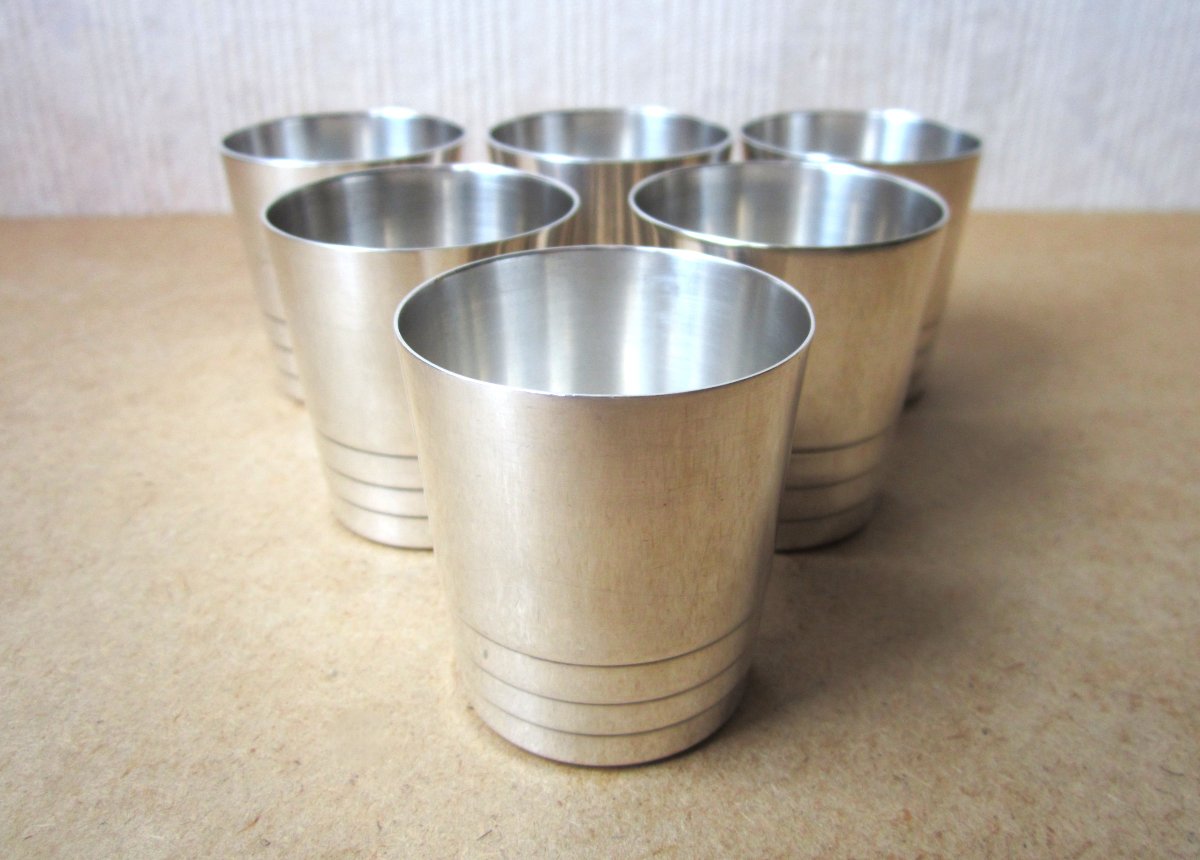 Six Large Christofle Art Deco Goblets Or Small Cups 1930 Modernist Luc Lanel Style.-photo-3