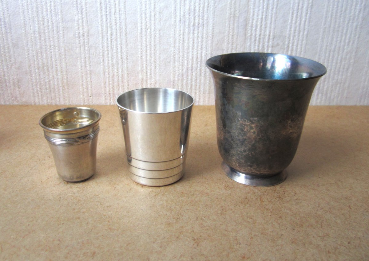 Six Large Christofle Art Deco Goblets Or Small Cups 1930 Modernist Luc Lanel Style.-photo-3
